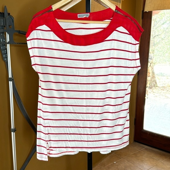 Anthropologie Pleione White with Red Stripes Cap Sleeve Top Size Large - Picture 1 of 6